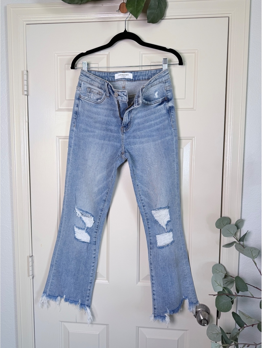 LOVERVET Light Wash Distressed Cropped Flared Jeans